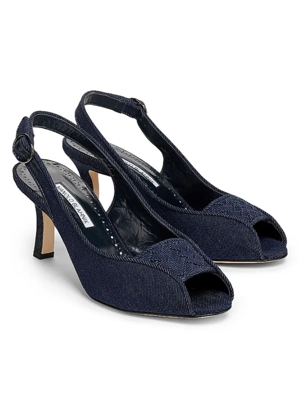 Manolo Blahnik Lonike Denim Peep-Toe Slingback Pumps w/ Buckle Size 8.5 Luxury!